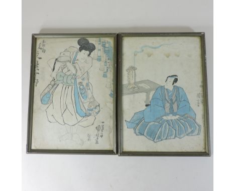 In the manner of Kuniyoshi Utagawa, 1797-1861, portrait of a seated man, woodcut print, 34 x 24cm, together the companion, a 