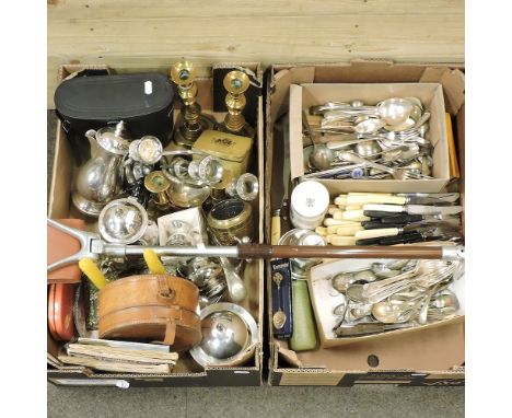 Two boxes of silver plated items, metalwares, to include a shooting stick, cigarette cards and cutlery