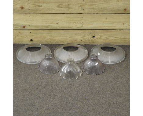 A pair of mid 20th century Holophane style glass frilled light shades, 18cm diameter, together with another similar and three