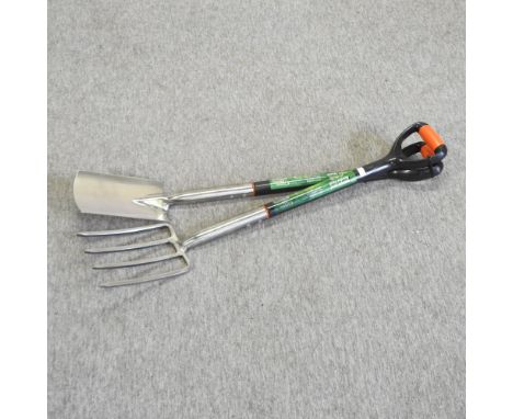 A stainless steel garden fork and spade set