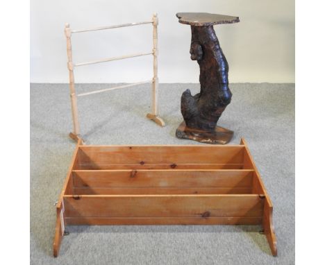 A pine open wall shelf, together with a pine towel rail and a barkwood stand, 85cm high