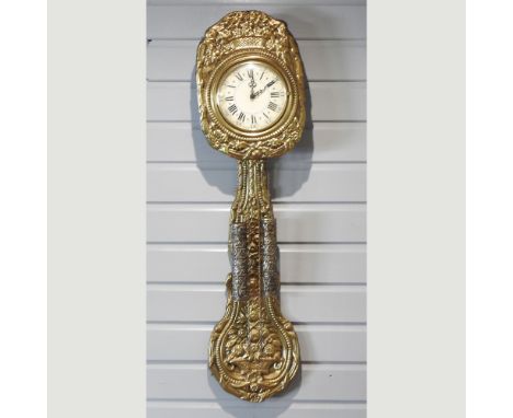 A 19th century French farmhouse brass cased wall clock, with pendulum, 130cm high overall