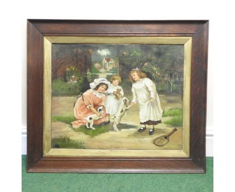 English school, 19th century, children playing with puppies, signed and dated indistinctly, oil on canvas, 48 x 59cm