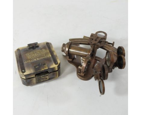 A brass reproduction Brunton compass, together with a small sextant