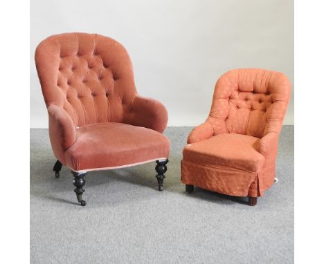 A Victorian red upholstered button back armchair, together with a similar child's armchair
