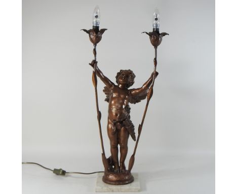 An ornate gilt cherub table lamp, on a marble base, 71cm high, together with a blue and white planter and another