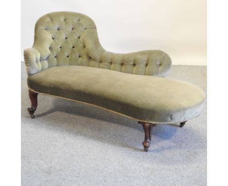 A Victorian mahogany and green upholstered button back chaise longue, 170cm