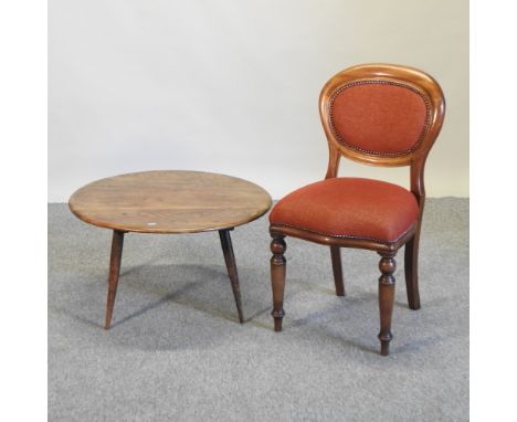 A 1970's Ercol elm circular coffee table, 74cm, together with a Victorian style red upholstered side chair