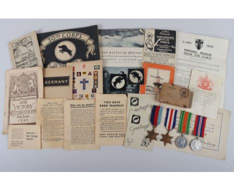 WW2 British Campaign Medal Group and Ephemera, consisting of 1939-45 star, France & Germany star, Defence medal and 1939-45 W