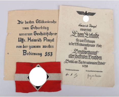 WW2 German Hitler Youth (Hitlerjugend) Armband with Berufswettkampf Document, the armband in good, light worn condition. Docu