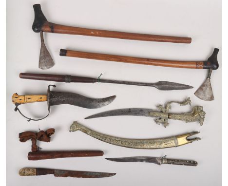 Indian Dagger, with damaged two piece bone grips, steel guard and double edged waved blade, poor condition; Brass hilted Ceyl
