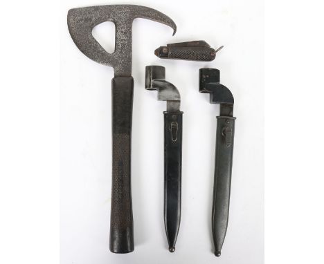 2x No 9 Bayonets, South African No 9 bayonets with scabbards, accompanied by a fire axe and WW2 1943 dated jack knife. (4 ite