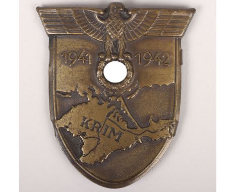 WW2 German Army / Waffen-SS Krim Campaign Shield by J.C. Maedicke, Berlin. Bronzed steel constructed shield with integrated p