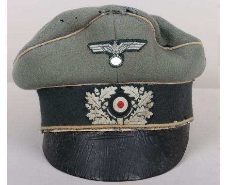 WW2 German Army (Heer) Infantry Officers Crusher Type Peaked Cap, field green / grey army wool topped cap with white piping a
