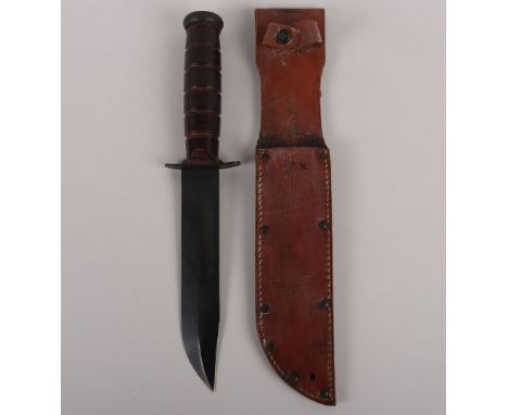 Scarce WW2 USN Fighting Knife by Camillus, NY, being a type 1 with thread nut pommel and a type 3 brown leather scabbard. Bla