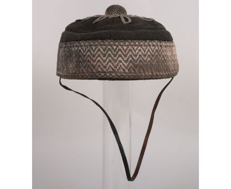 Victorian Volunteer Regiment Pill Box Cap, blue cloth pill box cap with thick silver braid, knotted top with large wire butto