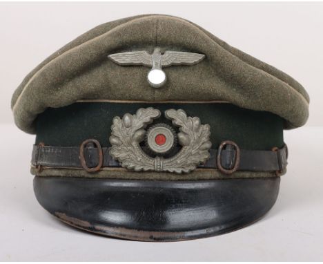WW2 German Army (Heer) Infantry NCO’s Cap, wool constructed cap with white coloured piping and matching pair of zinc insignia