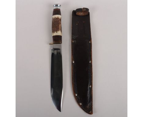 J Nowill & Sons, Sheffield Bowie Knife, with horn grip, polished clipped blade with makers details. Housed in leather scabbar