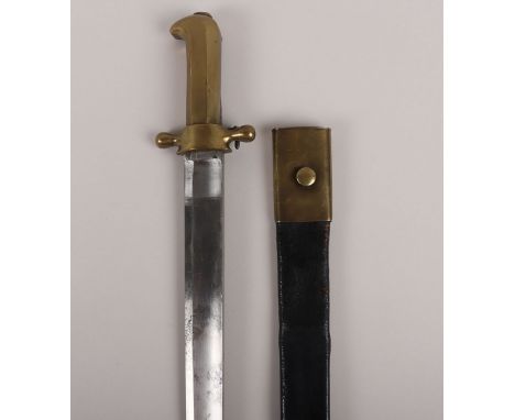 Scarce Italian Bayonet, being a facetted brass handled example with spring catch to the reverse. Housed in a leather and bras