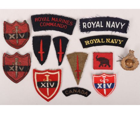 Grouping of Cloth Insignia, including variations of cloth commando sleeve daggers, variations of 14th army formation signs, p