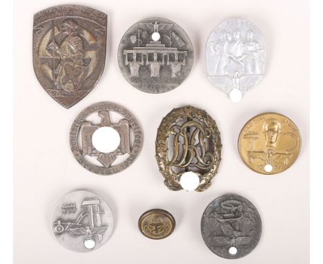 Third Reich Tinnie lot, various early tinnies, DRL sport badge. 9 pieces. Reichsparteitage stick pins, 1st of May tinnies, a 