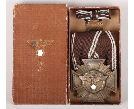 Third Reich NSDAP 10 Year Service Medal with Miniature in Case of Issue, thick, zinc constructed medal by unknown maker. Para