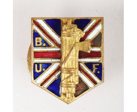 British Union of Fascists (B.U.F) Members Lapel Badge, gilt brass example with enamel Union Jack and gilt Fasces with letteri