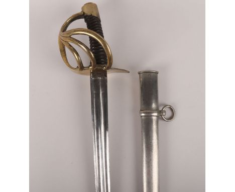 French Heavy Cavalry Troopers Sword, with brass 3 bar hilt, leather covered grip with wire binding. Housed in steel scabbard 