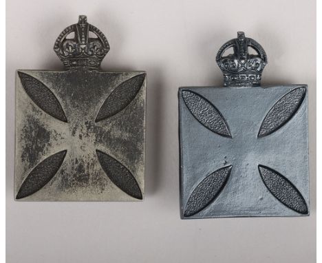 British Army Chaplains Department Cap Badges, being two variation examples of blackened Army Chaplains cap badges, both with 