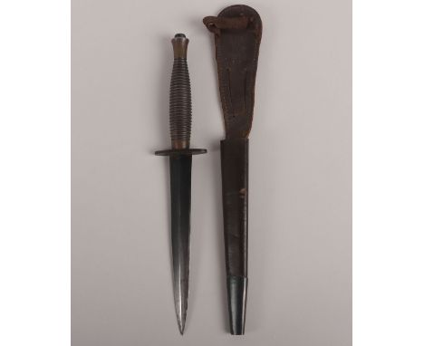 British 3rd pattern B2 Fairbairn Sykes Commando Knife, no1 mould mark to pommel, hand ground blade. Housed in its original le