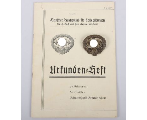 Rare German Sports Association DSAV Heavy Athletic Sports Badge and Award Document Booklet to Uffz K. Walter, Inf. Rgt 78, Pa