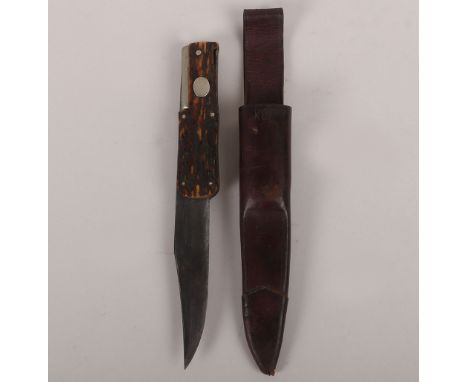 Victorian Folding Bowie Knife by Joseph Rodgers & Sons, Sheffield, housed in its original leather scabbard. Two piece stag gr