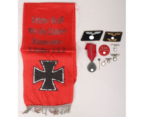 Small Grouping of Miscellaneous Items with German Funeral Sash, two DRB collar tabs, NSV tag, 2 HJ cap eagles, NSDAP eagle pi