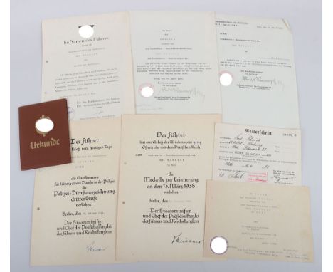Third Reich Polizei Document Grouping to Meister in der Gendarmerie K. Schmidt, award documents from the SA sport badge in br