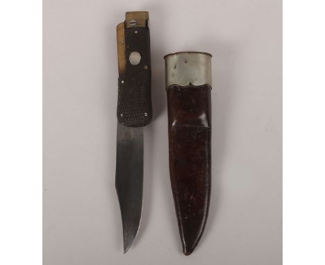 Victorian Folding Bowie Knife by Joseph Haywood & Co, Sheffield, housed in its original leather and nickel plated scabbard. T
