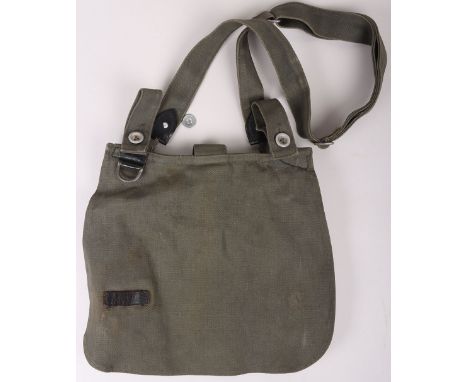 Third Reich SS-VT Bread Bag, dark olive green canvas bread bag. Inside with RZM label “Brotbeutel”. Leather parts marked with