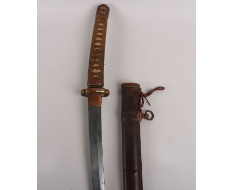 WW2 Japanese Officers Sword Katana, untouched example in WW2 period military mounts. Tang signed to both sides. Leather cover