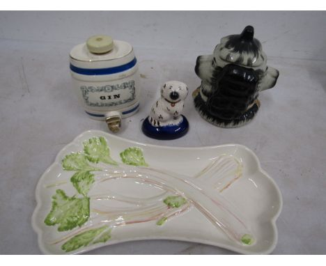 Carltonware celery dish, Staffordshire dog and style jam jar with double dog face and a Wade gin barrel