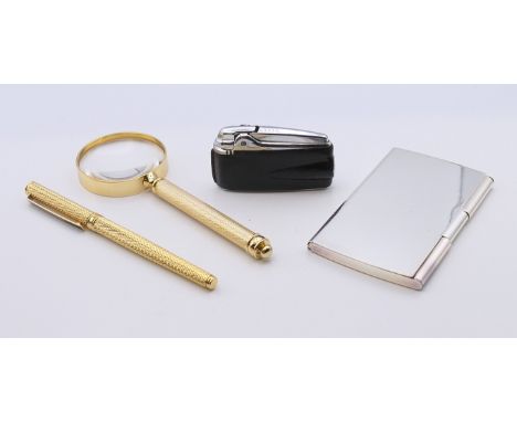 A boxed Calibri pen and magnifying glass set, a boxed Ronson lighter and a card case. The latter 10 cm long.