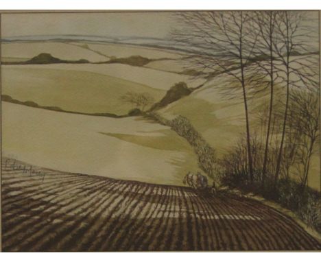 Ploughing Scene, print, framed and glazed. 18.5 x 14 cm.