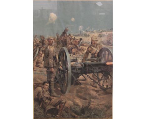 A Boer War print, ''The Last Shot at Colenso'' Lieutenant Roberts Earns His VC, framed and glazed. 69 x 99 cm overall.