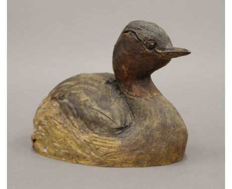 A pottery model Little Grebe aka Dabchick, by Rosemarie Cooke. 13.5 cm long.