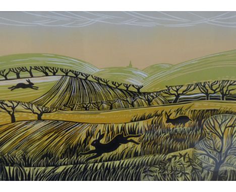 ROB BARNES, Three Hares Chasing, limited edition contemporary 2010's print, numbered 31/35, signed in pencil to margin, frame