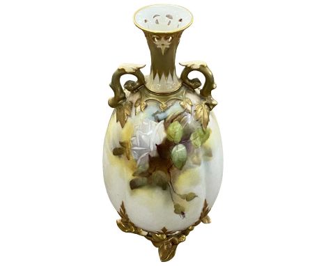 A Royal Worcester vase early 20th Century of lobed form, painted with roses, 21cm high