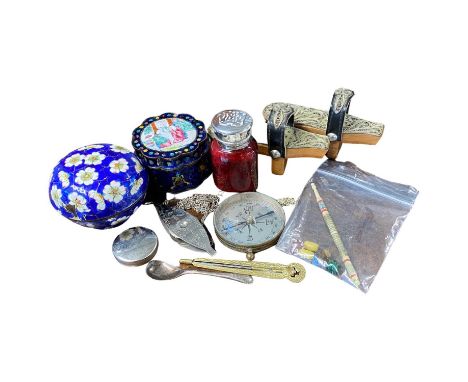 Mixed Lot:  Two small Chinese enamel boxes, compass, miniature shoes etc