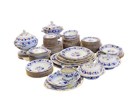 Extensive mid 19th Century iron stone dinner service with an Imari pattern comprising extensive dinner plates, serving dishes