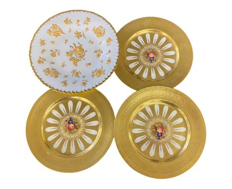 Three Aynsley Orchard Gold plates, the centres decorated with fruit, signed by D Jones together with a 20th Century Meissen d