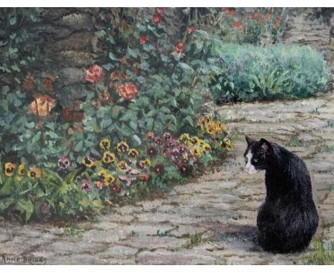 Anne Briggs (British, 20th century), a cat within a floral garden, gouache, signed, 4.5x6ins, framed and glazed.
