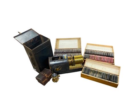 Magic Lantern projector in original metal box together with three wooden boxes containing a good quantity of Magic Lantern sl