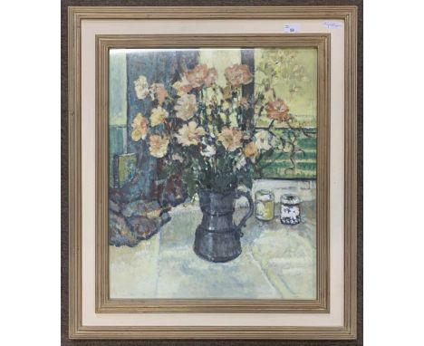 R. Carruthers (British, contemporary)."Flowers in a Tankard", oil on board, signed and dated 1998, 19x24ins, framed and glaze